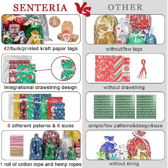 Senteria Christmas Gift Bags-42Pcs Drawstring Gift Bags Xmas Christmas Bags with Drawstring for Wrapping Christmas Gifts Presents with Ribbon Ties