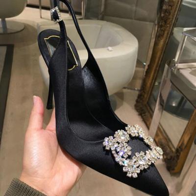 Red Wedding Shoes Bridal Shoes Satin Pointed Stiletto Pumps Women 'S Mid -Heel Rhinestone Square Buckle Back Strap Sandals