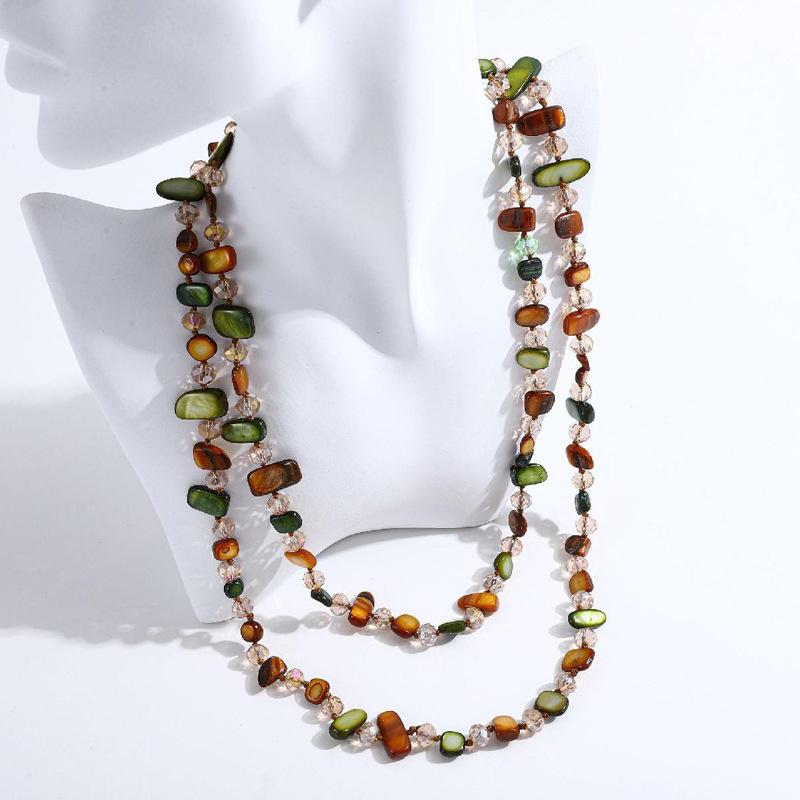 Minar Bohemian Multicolor Irregular Natural Stone Shell Crystal Glass Beads Beaded Necklace for Women Long Strand Sweater Chain