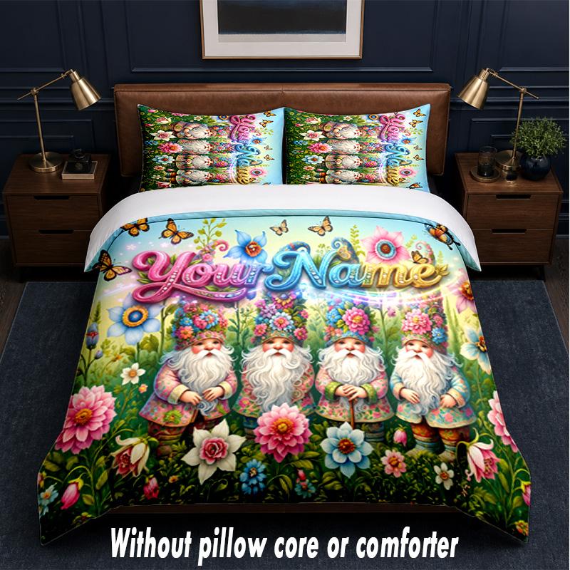 Set Biancheria da Letto a Tema Gnomo con Testo o Nome Personalizzato, 3 Pezzi, 1 Lenzuolo Sotto con Angoli & 2 Federe, Biancheria da Letto Personalizzata per la Casa