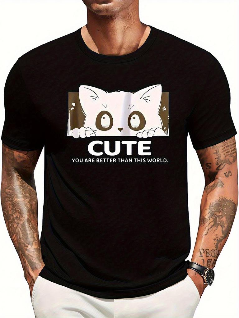 Mens humorous cat pattern Tshirt with the slogan Cut Youre Better Than This World Lightweight short sleeved round neck