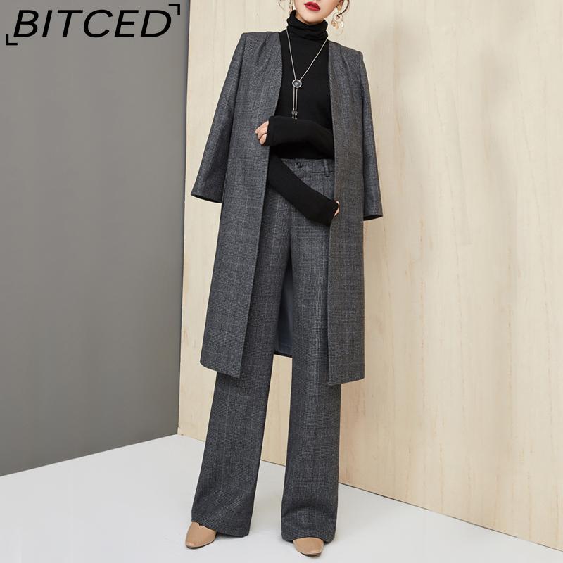 

BITCED Women s Fall/Winter Mid-Length Two-Piece Set: Wool Coat & Wide-Leg Pants Casual Fashion Ensemble XXXL
