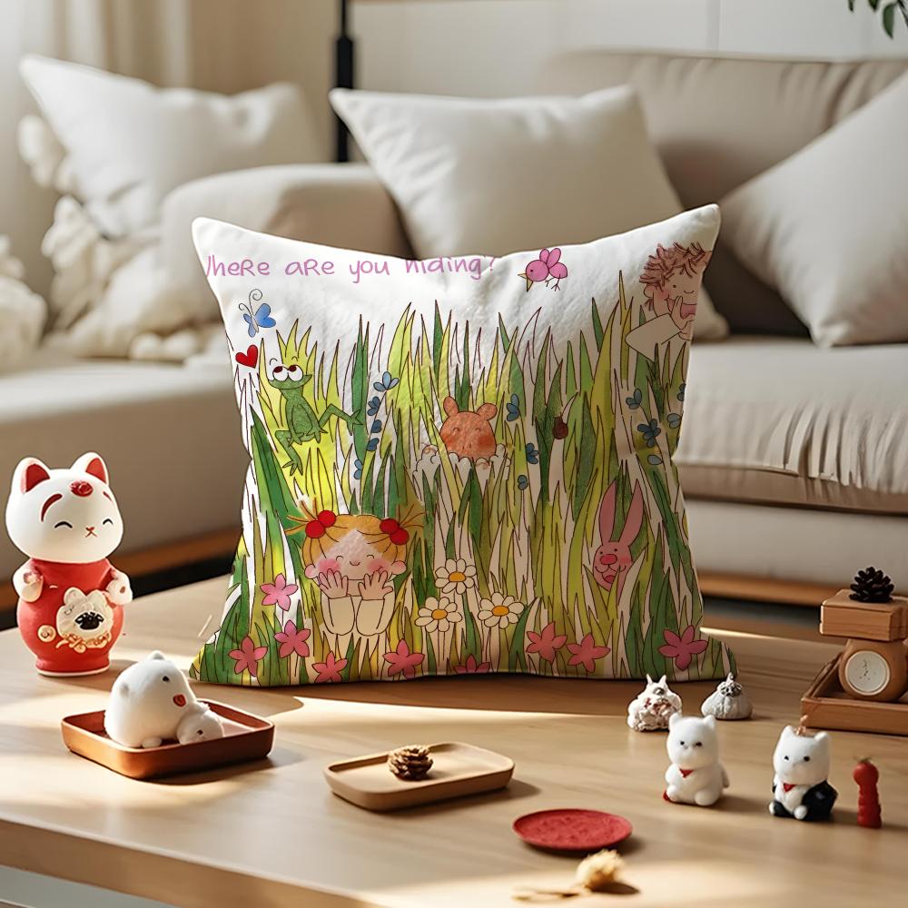 Japanese Cartoon Illustrations Cushion Cover Anti-dustmite Pillowcase Invisible Zipper Silky Short Plush Sofa Cushion Cover