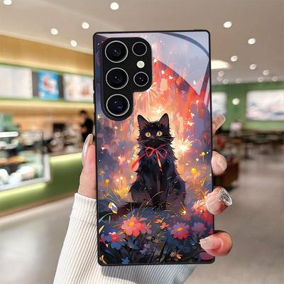 Tempered Glass Phone Case for Samsung For Galaxy S26, S21, S22, S23, S24, S25, and FE Ultra Plus. Cute Black Cat Design.