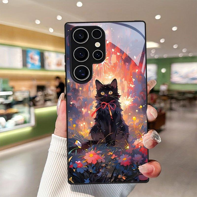 

Закаленное стекло чехол для телефона для Samsung Для Galaxy S26, S21, S22, S23, S24, S25 и FE Ultra Plus. Милый дизайн с черным котом. For Galaxy S26