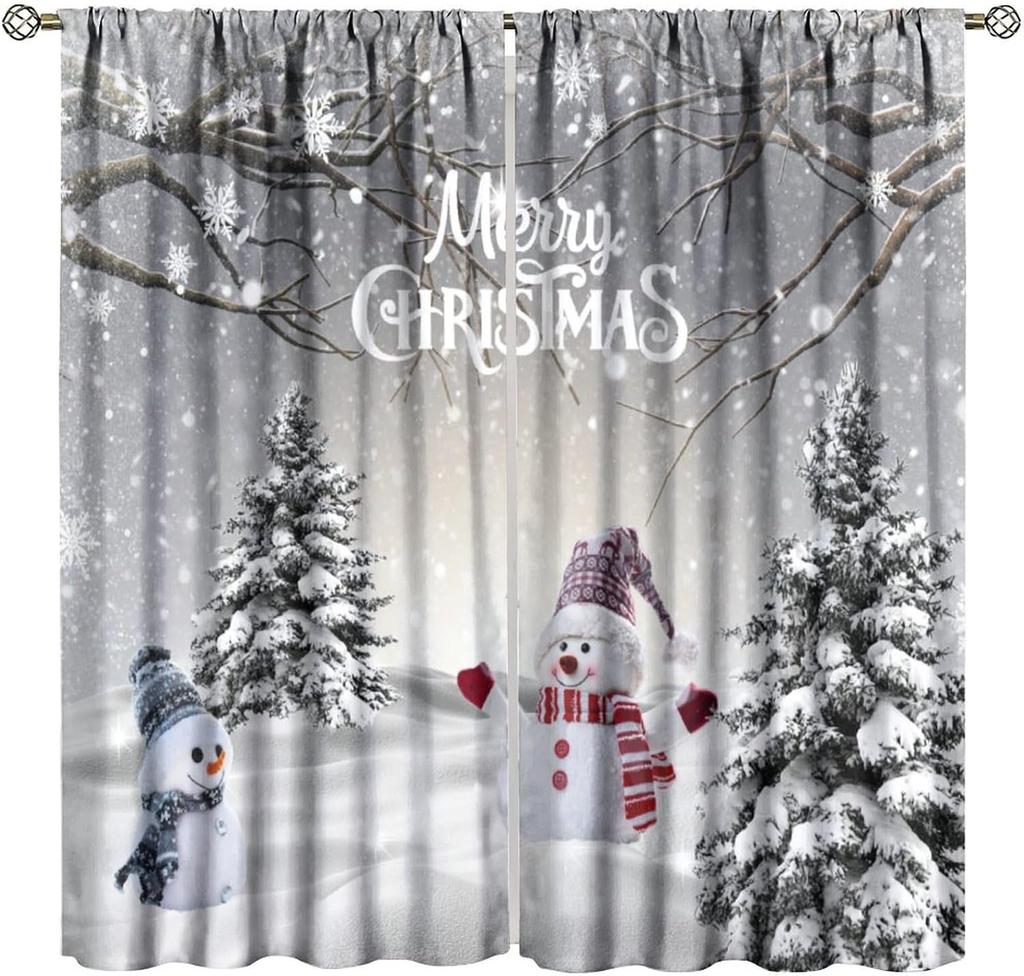 Merry Christmas Winter Snowman Curtain Xmas Tree Snowflake Holiday Curtains Bedroom Living Room Bathroom Red Polyester Sitting Window Treatment