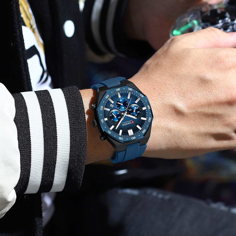 CURREN Men's Sports Chronograph Wristwatch with Black Silicone Band Auto Date Luminous Hands Quartz Watch for Men