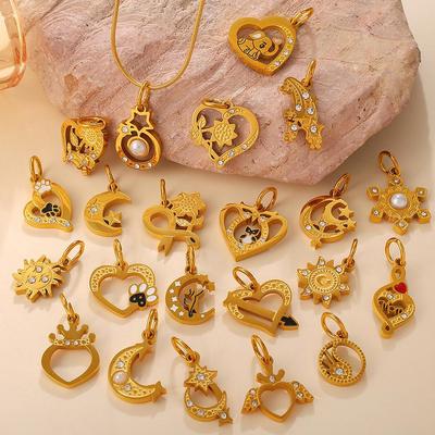 European Retro Elegant 18K Gold-Plated Stainless Steel Moon and Star Pendant with Diamond Inlay