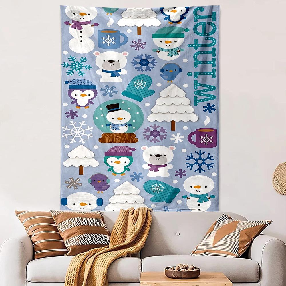Vertical Tapestry Cute Winter Pattern Penguins Snowmen Polar Bears Snowflakes Blue Wall Hanging Dorm