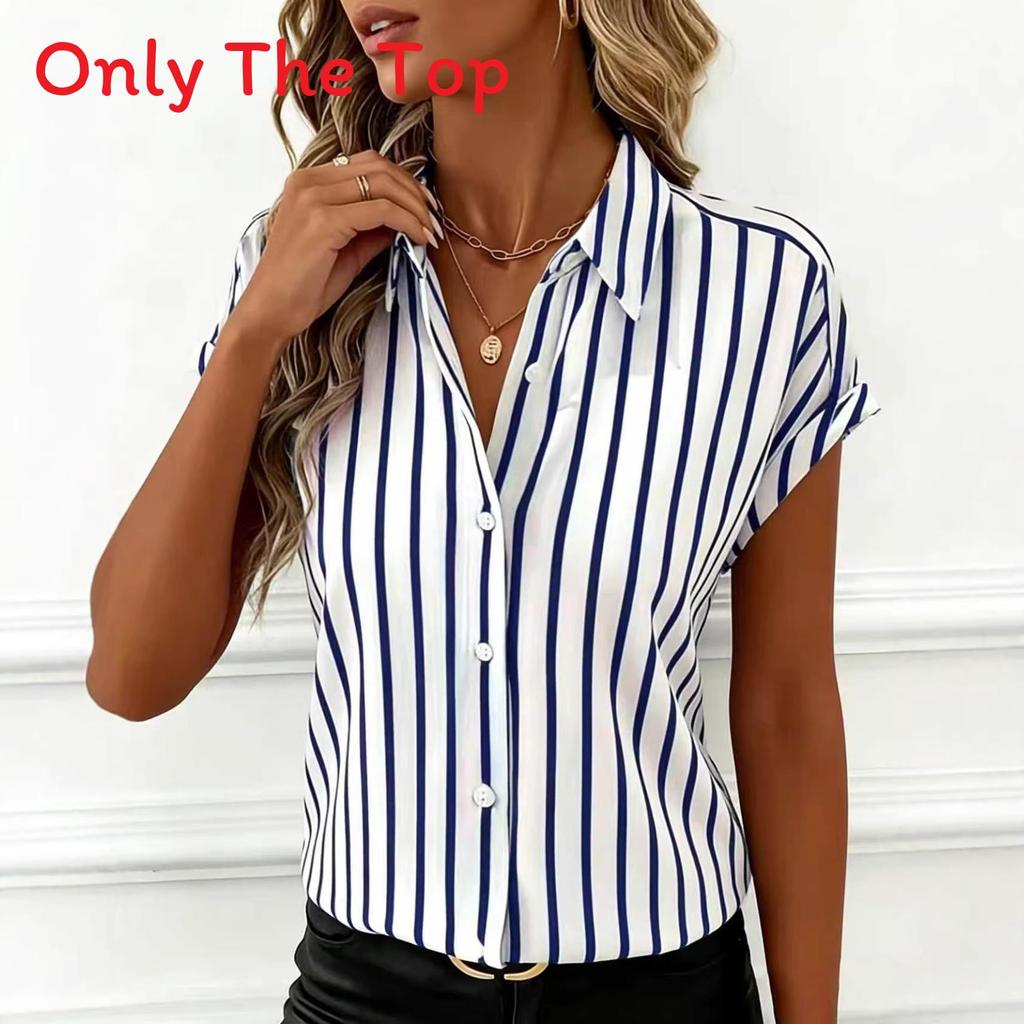 Striped Blouse For Women With Polyester Fabric Short Sleeve Office Style For Spring 2026