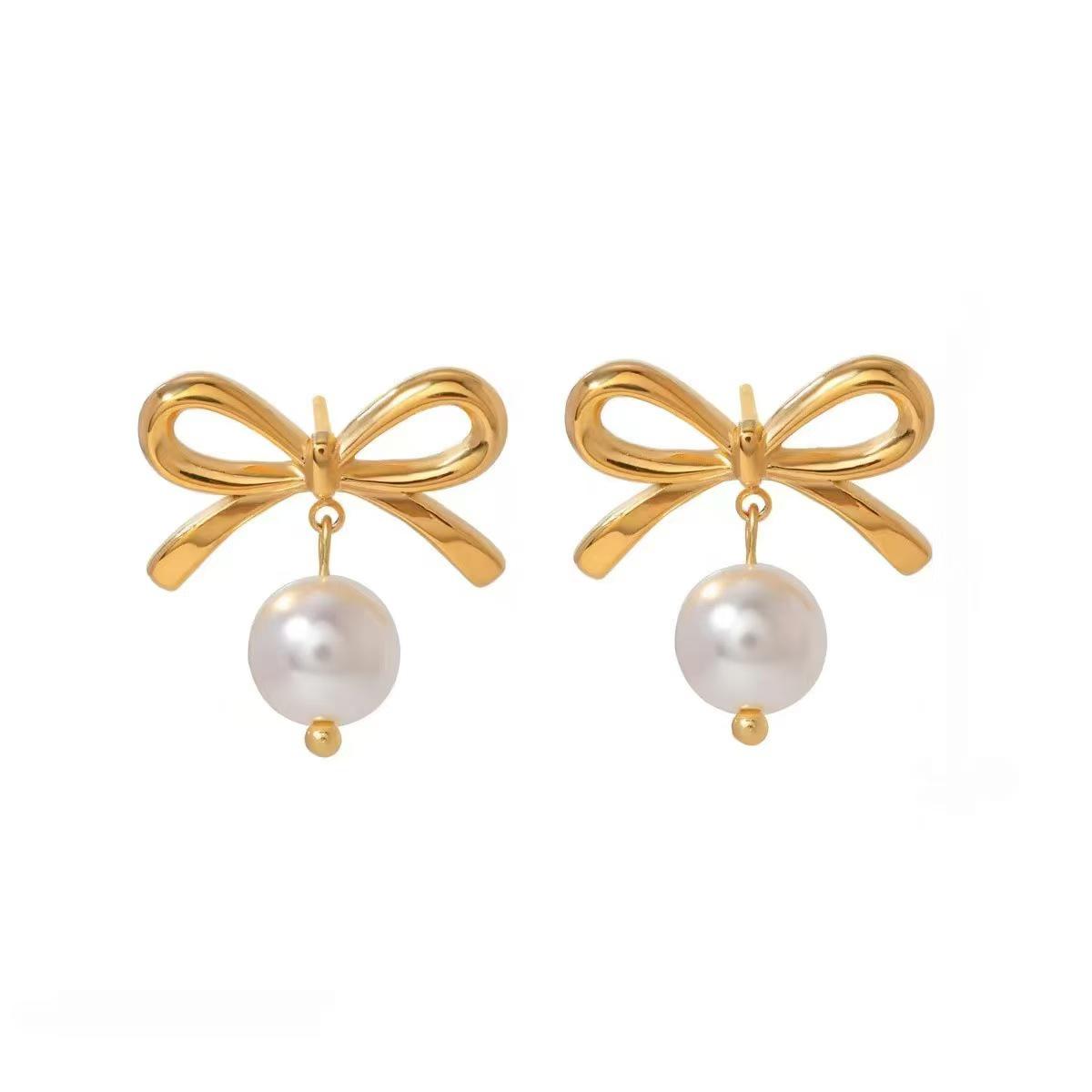 18k Gold-Plated Bowknot Pearl Pendant Earrings