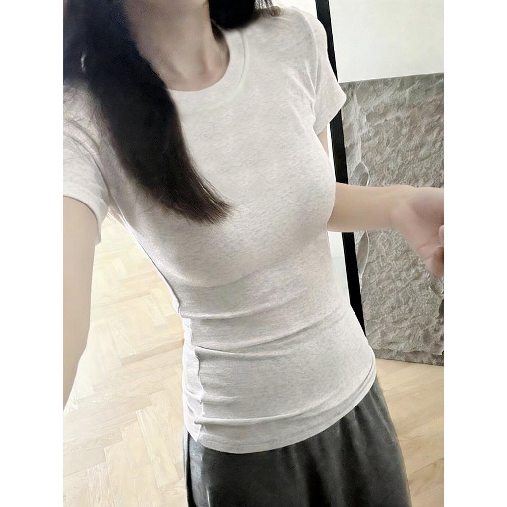 Spring and Summer American Front Shoulder Small Crew Neck Short Sleeve Slim Fit Stacked Wear Mid Waist Skin-friendly Versatile Tights T-Shirt Women