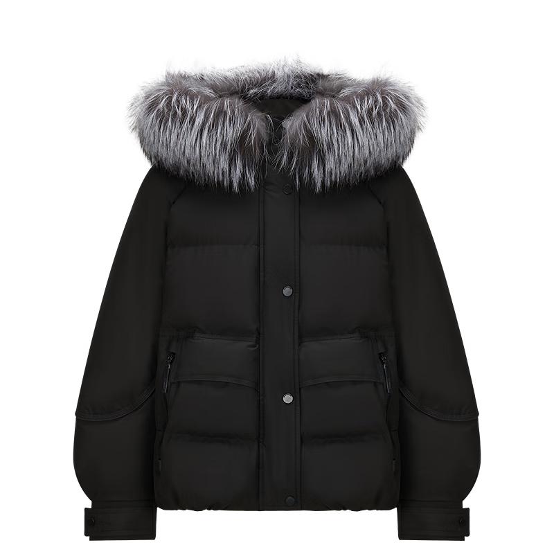 

Jiuzi Annakou Women s 3-Proof Fox Fur Hooded Short Duck Down Jacket L
