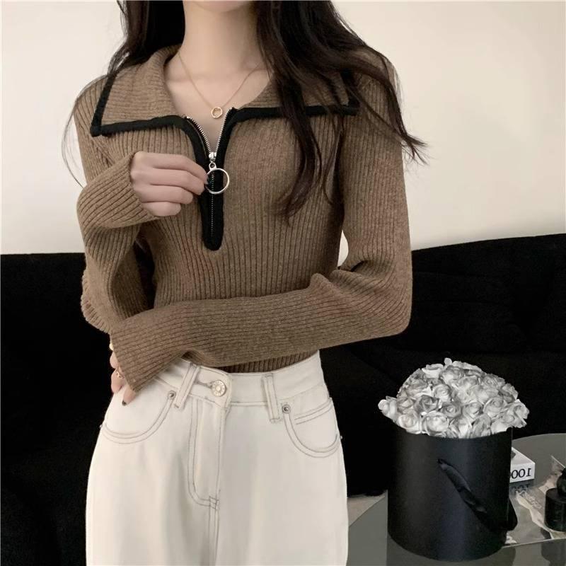 

Women s High-End Half-Zip Collared Knit Sweater - Slim Fit, Long Sleeve, Short Top for Autumn & Winter. S хакі