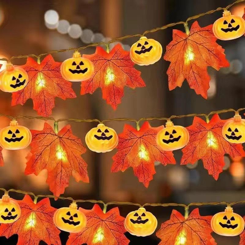 LED Halloween Maple Leaf & Pumpkin String Lights, Outdoor Festival & Christmas Decoration Fairy Lights