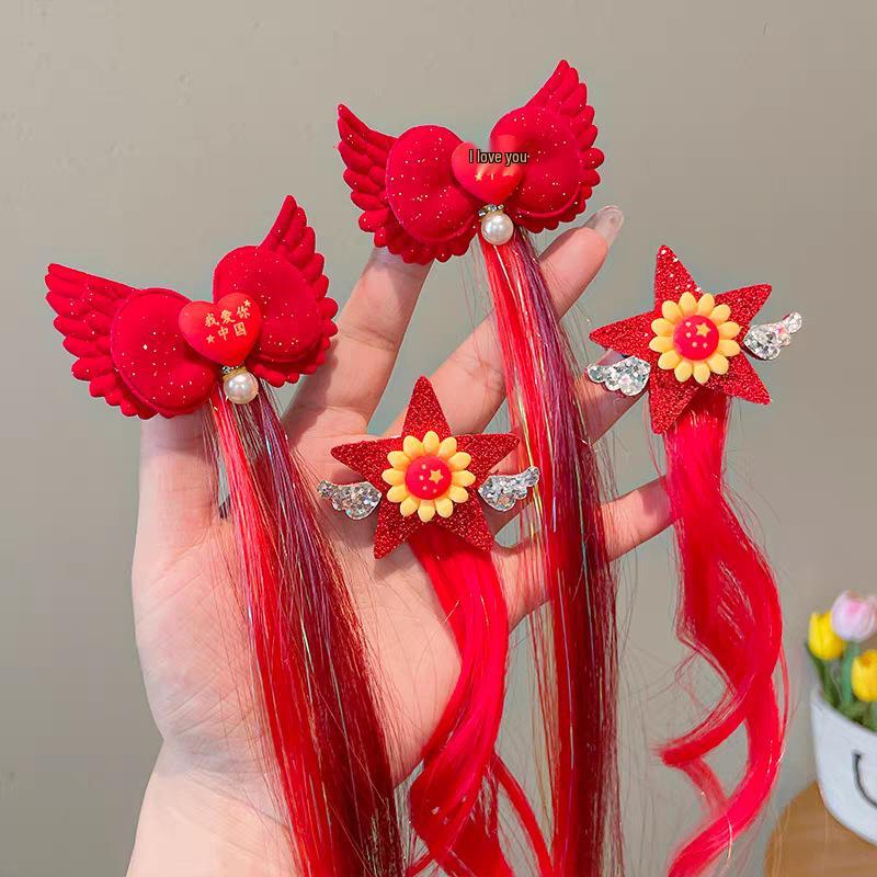 Children's Red Festive Braided Hair Clip - Safe, Non-Damaging Performance Hairpin for Girls