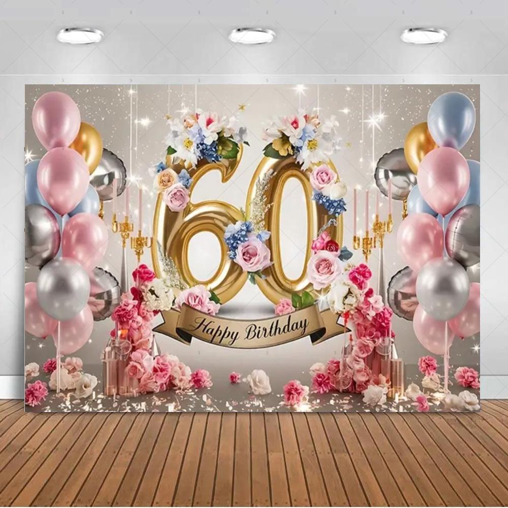 60 Years Old Backdrop Supplies Gold Pink Balloons Glitter Background Banner 60th Birthday Party Decorations Photography Props 120X90CM