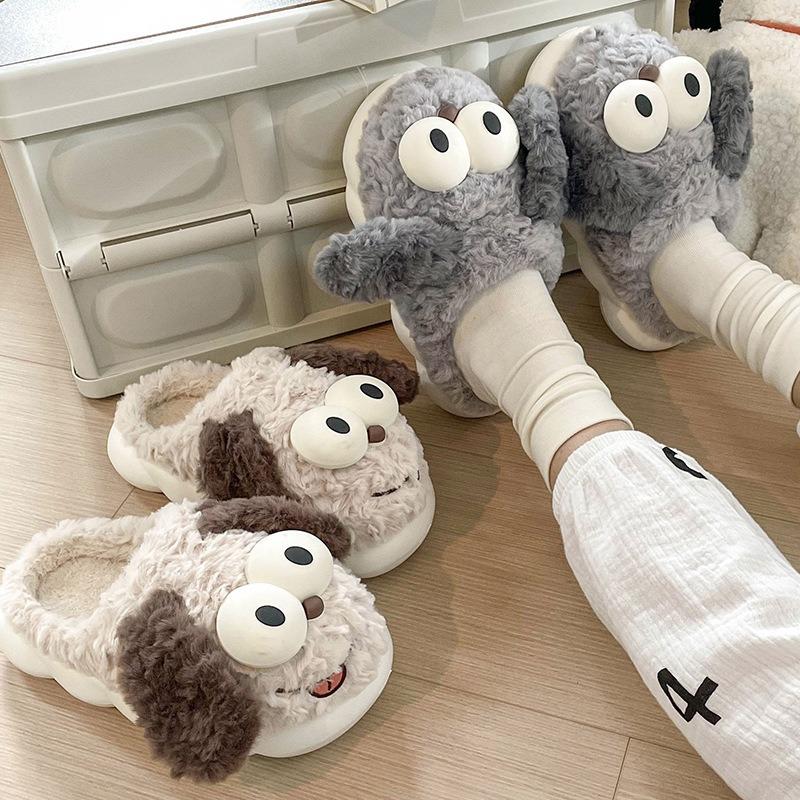 Cotton slippers women's autumn and winter outer wear cute puppy indoor home warm plush bag head thick bottom non-slip slippers