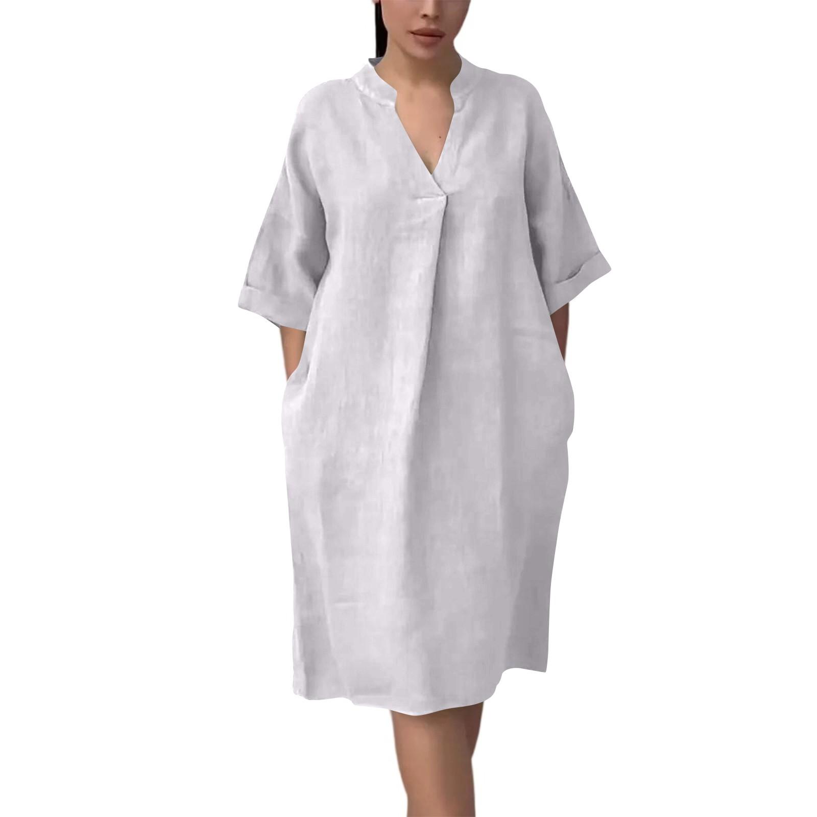 

Женское летнее однотонное хлопково-льняное миди-платье с V-образным вырезом и рукавами до локтя XL белый