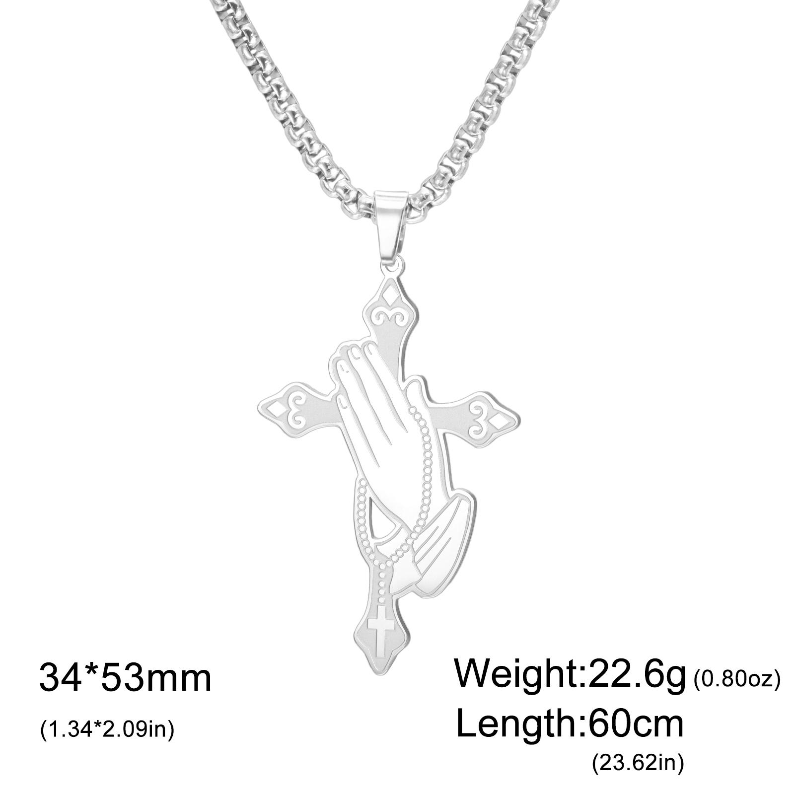 Praying Hand Cross Pendant Necklace Stainless Steel Rosary Christian Faith Jewelry for Men Women Religious Amulet Gifts