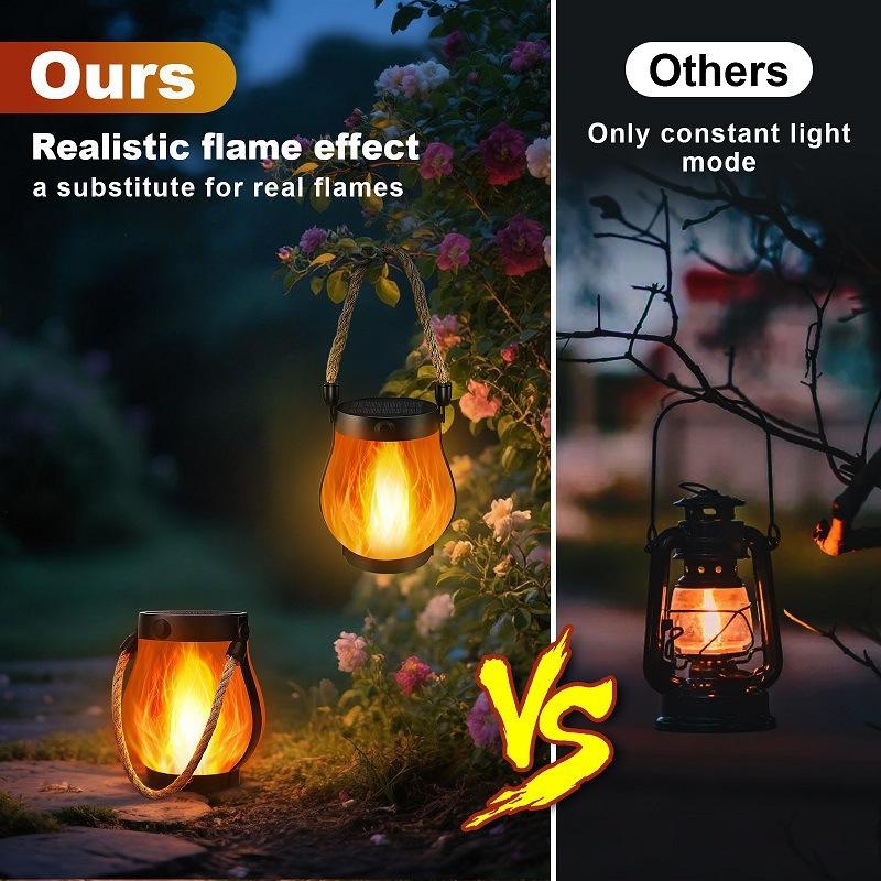 Solar Flame Light Flickering Flame Retro Lantern Outdoor Waterproof Garden Lamp USB & Solar Charging for Yard Patio Fence Decor