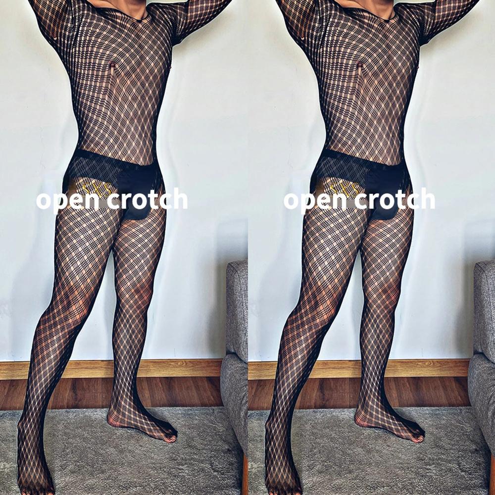 Men Sexy Lingerie Exotic Fishnet Bodystocking Jumpsuit Mesh Net See-through Long Sleeve Bodysuit Gay Sleepwear Club Wear