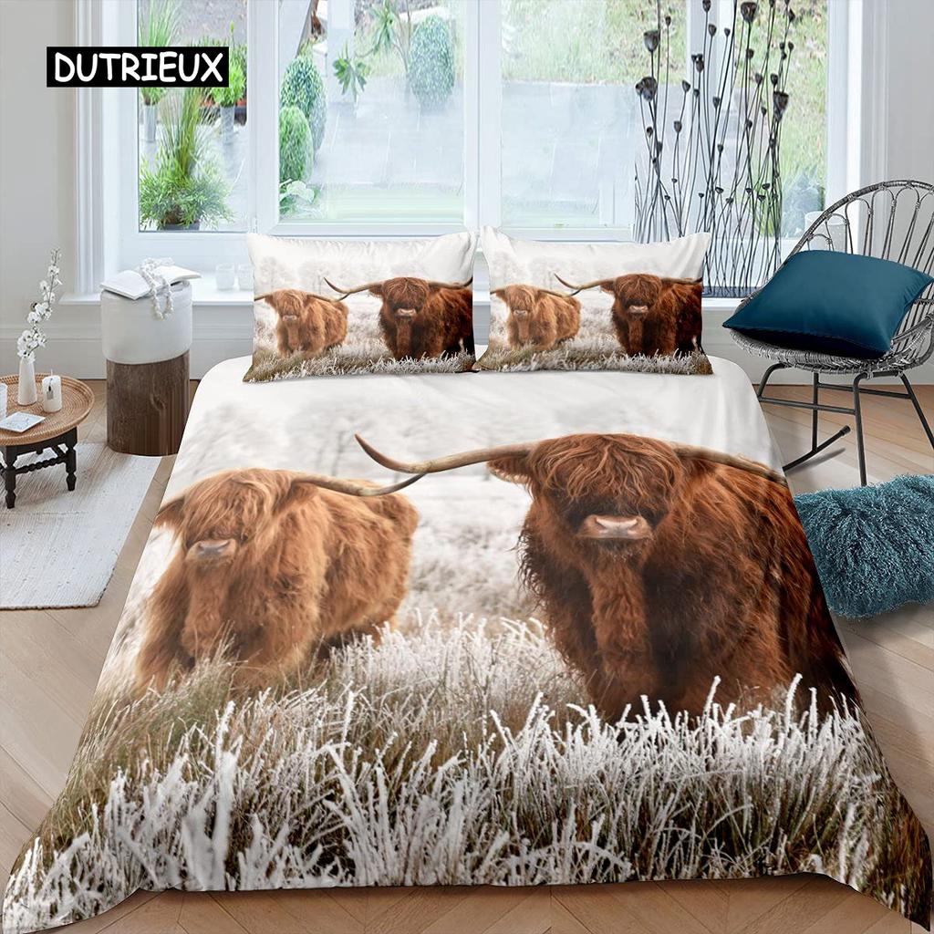 Highland Cow Duvet Cover King Sunflower Black Cattle Bedding Set Microfiber Farm Animal Cow Western Farmhouse Cattle Quilt Cover