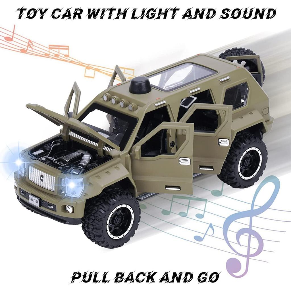 Druckgussauto im Maßstab 1/24, Modell G Patton, Metalldruckgussauto aus Legierung, mit Licht und Sound, Pullback, zu öffnende Tür, Spielzeugauto für Kinder, beste Geschenke