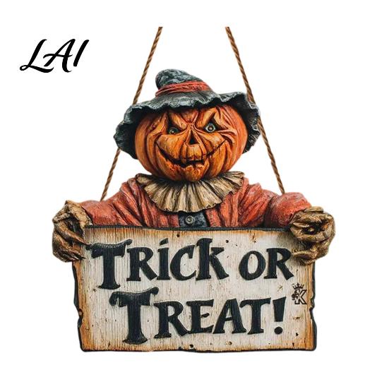 Vintage Style Seasonal Ornaments Halloween Trick or Treat Door Sign with Scare Pumpkin Pattern Moisture Proof Wooden Wall Art Wood Hanger,