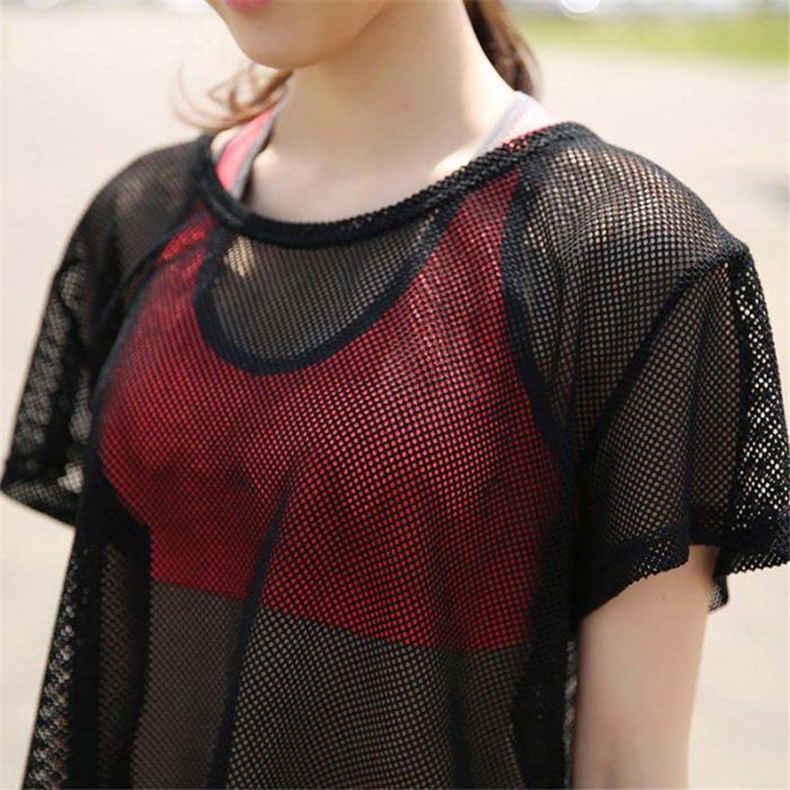 Short-sleeved Women's Blouse Quick-drying Running Yoga Clothing Perspective Sports Mesh Blouse
