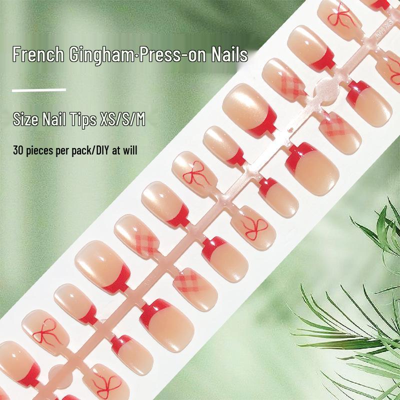 

Red French Gingham Cat Eye Press-On Nails with Bow and Nude Accents