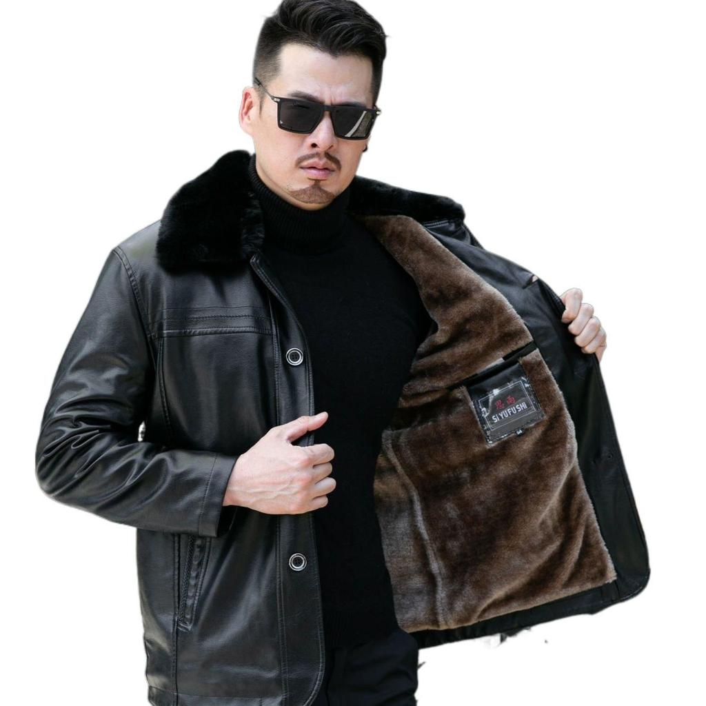 Men's Plus Velvet Leather Jacket with Thickened Fur Collar, Autumn/Winter Warmth, Ideal for Middle-Aged and Elderly Dads and Grandpas.