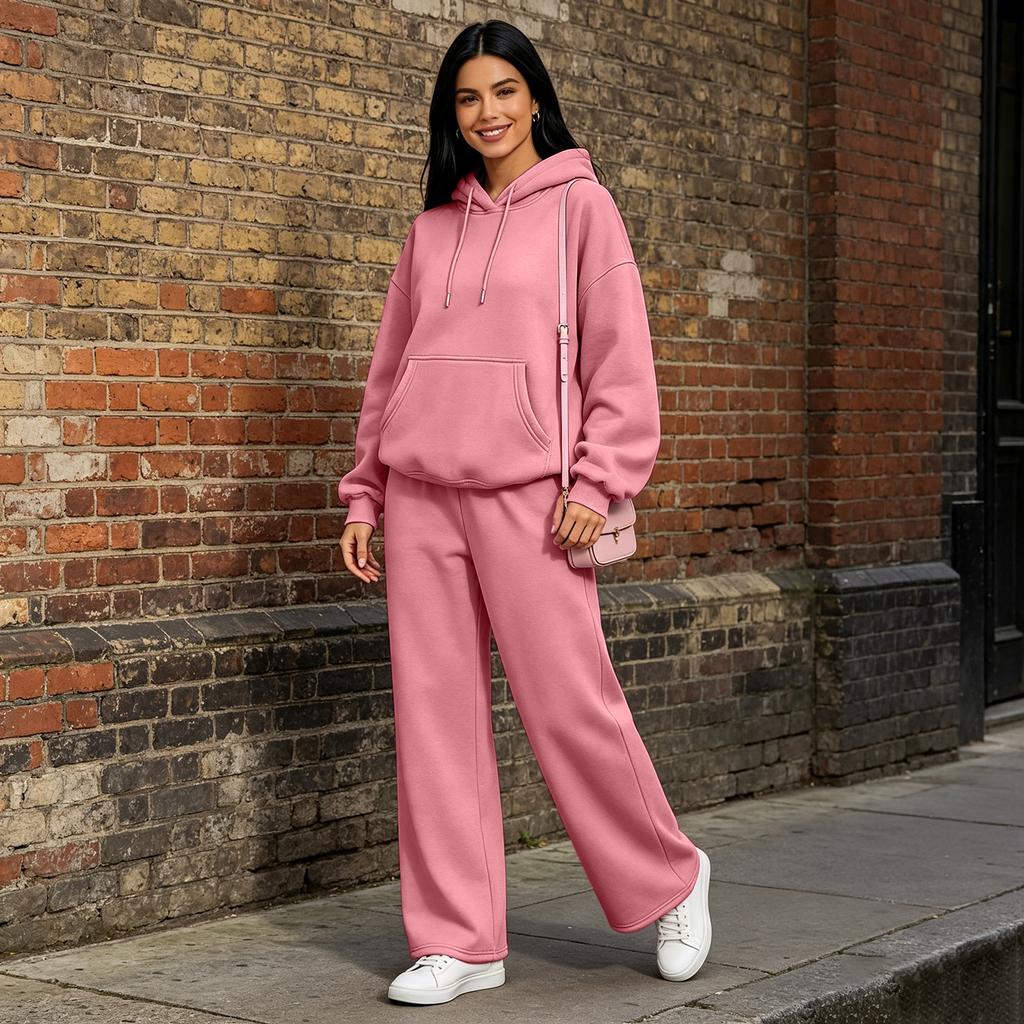 Women's Casual Two Piece Set with Drop Shoulder Drawstring Hoodie and Wide Leg Pants for Fall and Winter
