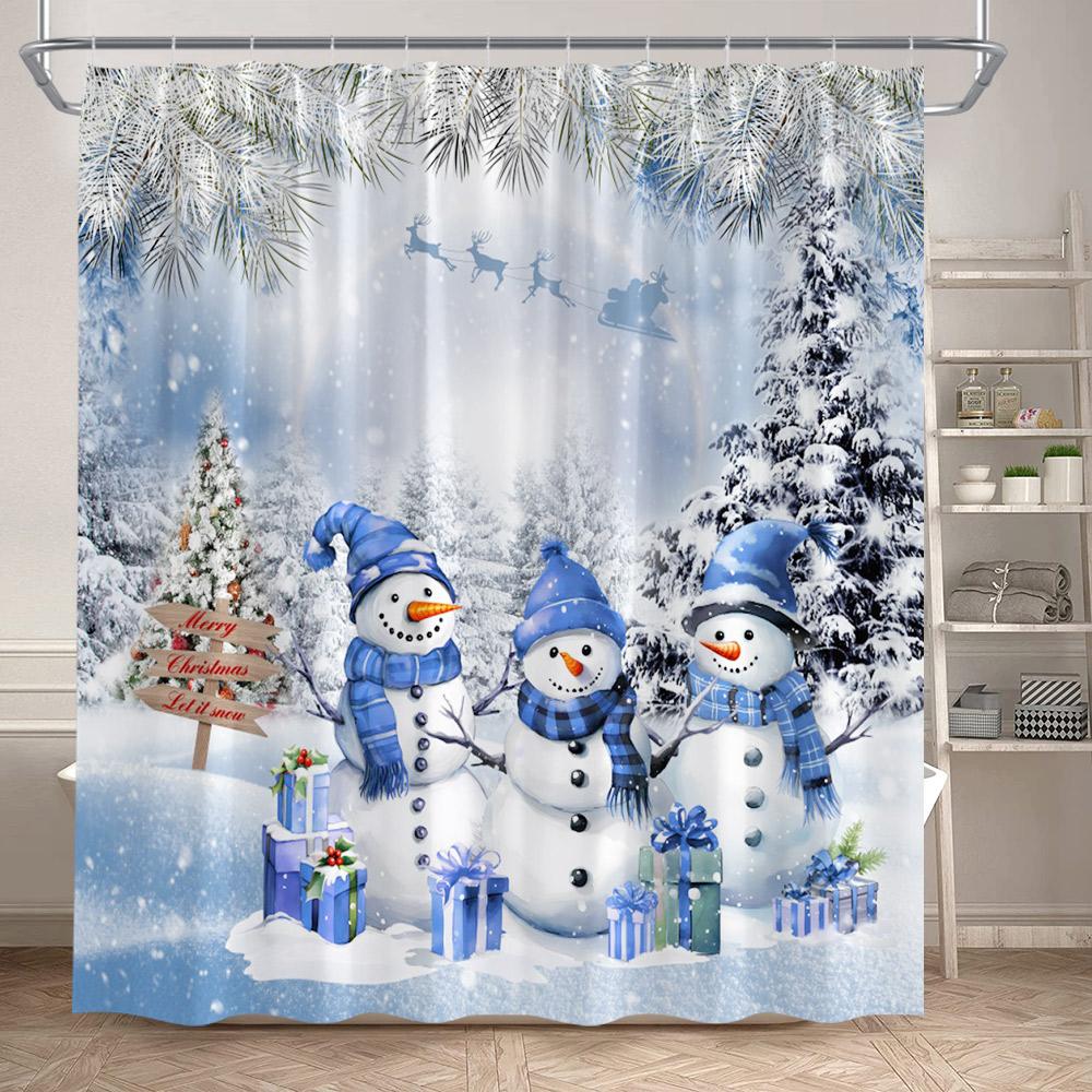 Winter Christmas Shower Curtains Town Street Snowman Snow Mountain Scenery New Year Xmas Home Bathroom Decor Bath Curtain Set