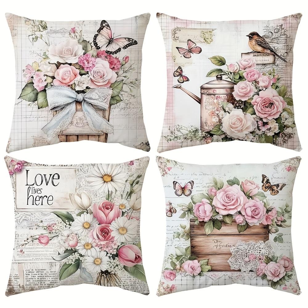 

4 Pack Romantic Pillowcases 45x45cm French Vintage Floral Cushion Covers Roses Lace Butterflies for Living Room Gift Decor 35x35cm 4pcs
