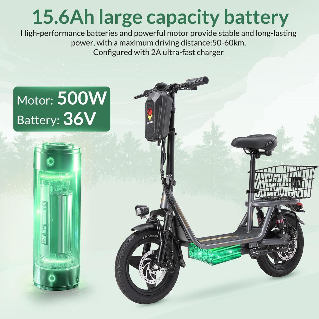 Adults Electric Scooter with Seat, Peak 500W Motor with 36V 15.6AH Battery,14" Tires,32KM/H,50-60KM Range and Dual Disc Brakes,110KG Max Load