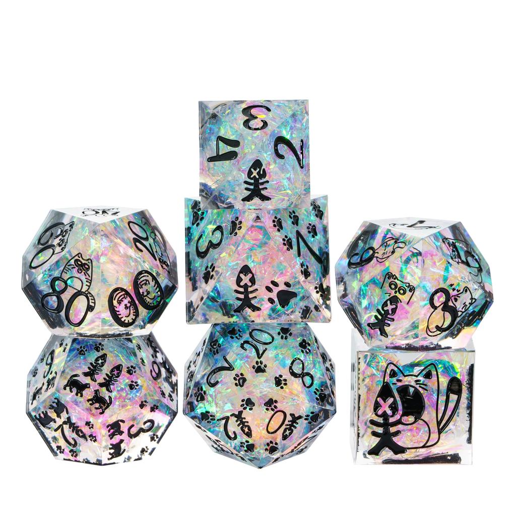 Cusdie Cat Element D&D Dice Set Sharp Edges D4-D20 Cute Cat Claws Fish Pattern Handcrafted Polyhedral Dices for RPG Board Games