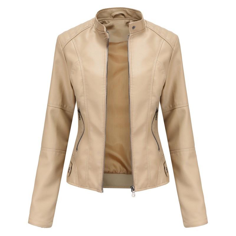 Womens Slim Fit PU Leather Jacket Stand Collar Biker Style Lightweight Coat