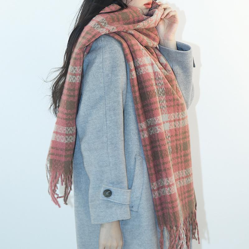 Raspberry pink plaid scarf atmosphere retro plaid fringed scarf women's autumn and winter warm extended versatile scarf