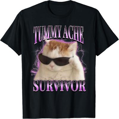 HYETYDV I Survived Todays Tummy Ache Silly Cat Meme Funny Cats T-Shirt