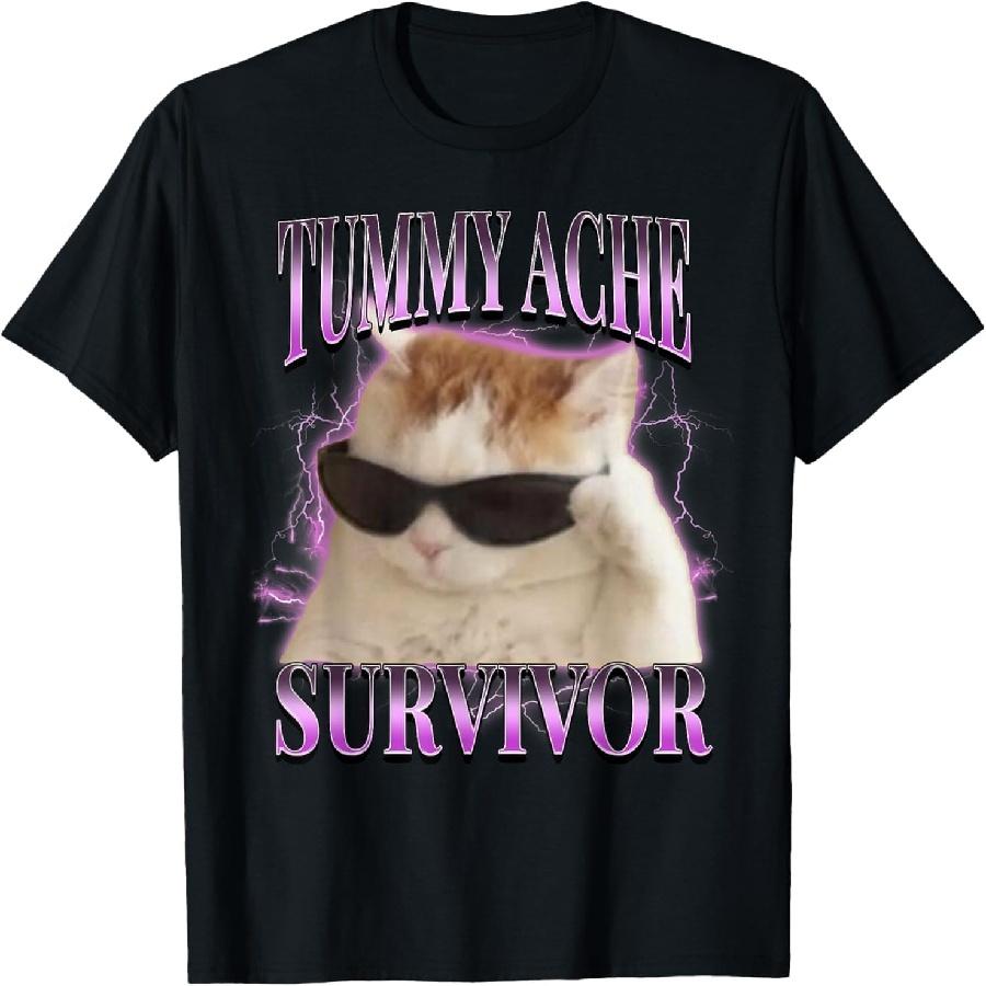 

HYETYDV I Survived Todays Tummy Ache Silly Cat Meme Funny Cats T-Shirt XXXXXL чорний