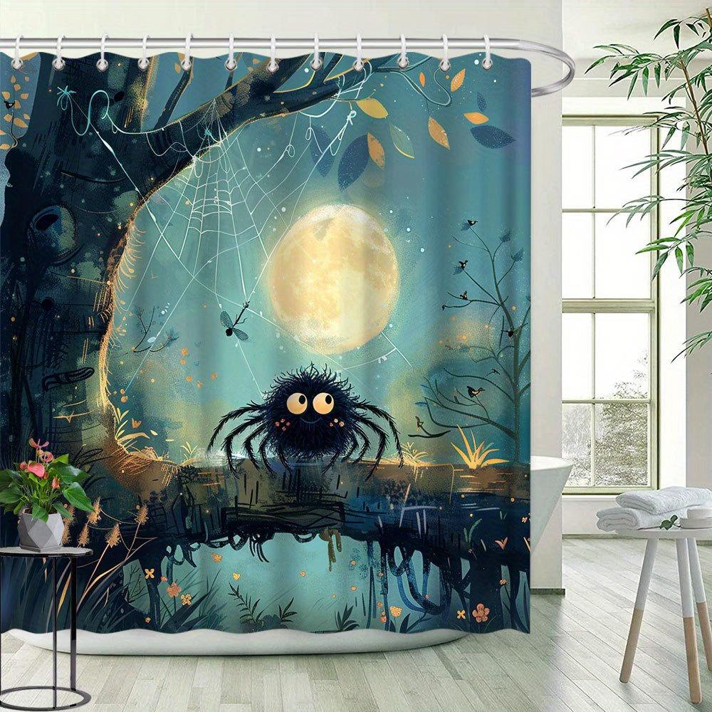 Halloween Ghost & Spider Shower Curtain - Animal Theme, Night Sky & Moon, Polyester Fabric, Includes 12 Hooks, Bathroom Decor