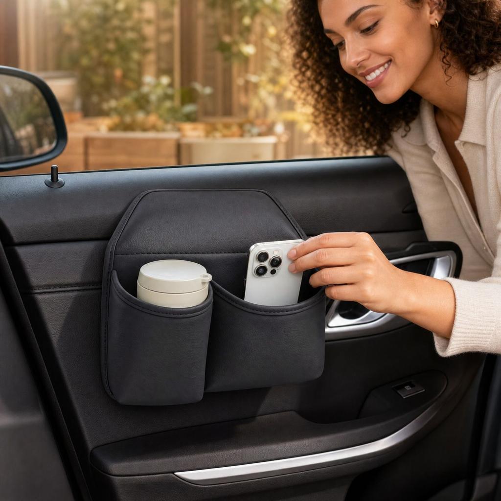 Car Door Storage Box with Cup Holder and Phone Pocket, Multifunctional Vehicle for Beverages and Small Accessories