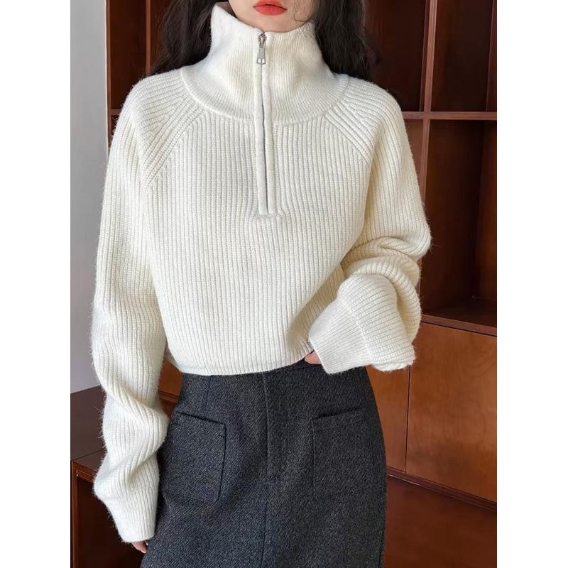 Women's Loose Knitted Pullovers Half Zipper Autumn Winter Turtleneck Sweaters Casual Comfortable Full Sleeve