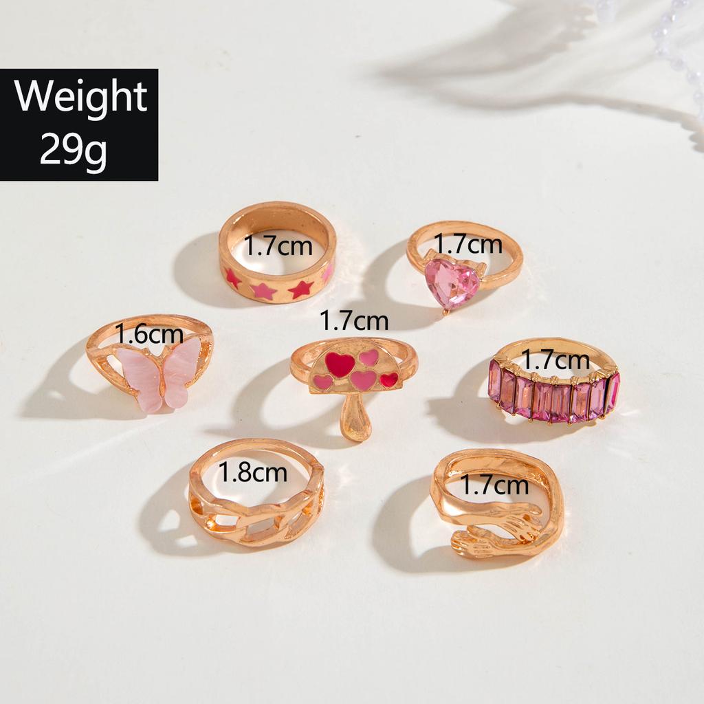 European and American New Pink Butterfly Diamond Ring Set Sweet Animal Love Cut-out Nine-piece Ring Set for Women