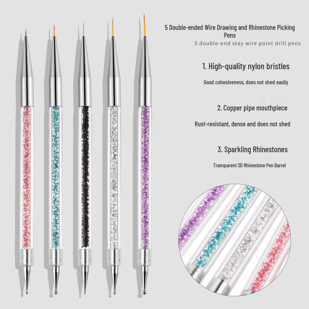 5-Piece Double-Ended Nail Art Brush Set with Rhinestone Picker and Liner Pen