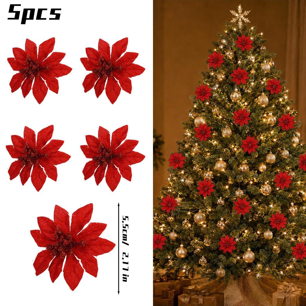 100/5x Simulated Christmas Flowers Glitter Artificial Poinsettia Merry Christmas Decorations Wedding Party Gift Decor Flowers