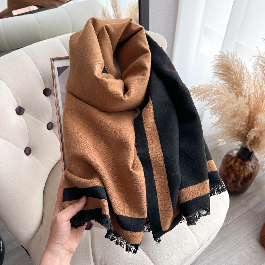 Two Tone Border Striped Cashmere Feel Scarf, Fringe Edge Large Warm Shawl Wrap For Women Winter Daily Office Gift