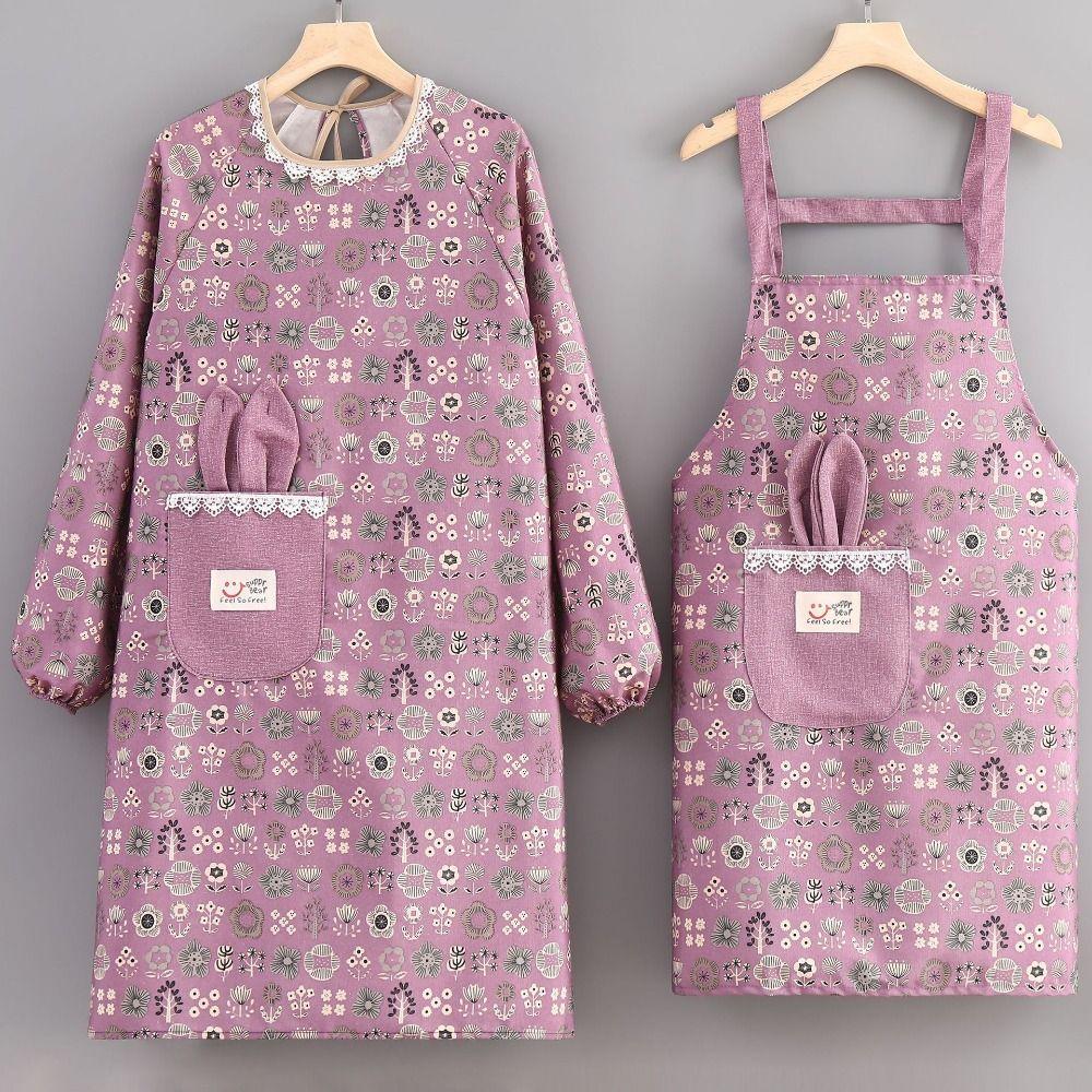 2Pcs Canvas Kitchen Cooking Apron Breathable Protective Long Sleeve Apron Back Lace Up Adjustable Suspender Work Dress