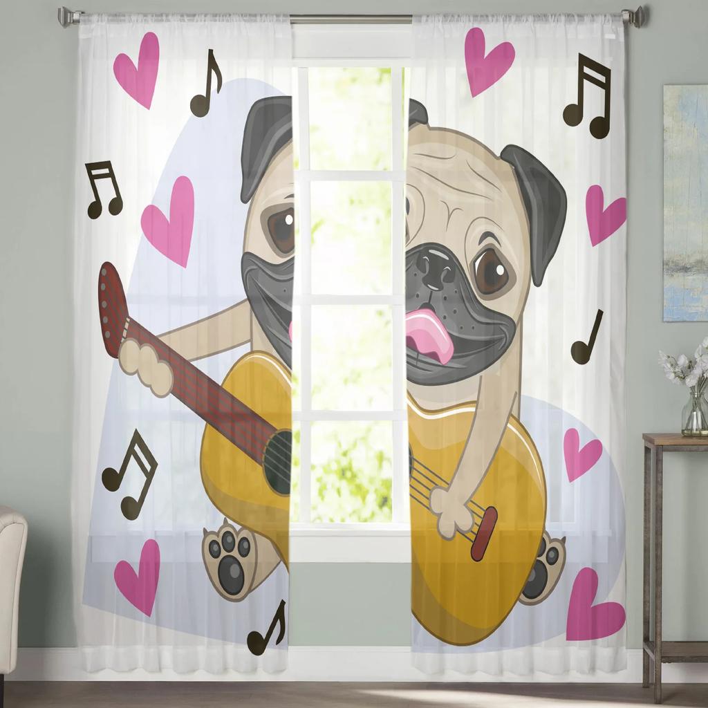 Pug Dog Music Funny Curtain Living Room Voile Window Blinds Bedroom Tulle Drape Kitchen Cortinas Hall Curtains With Sheer Polyester Perfect For Great
